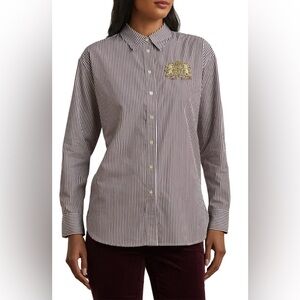 NWOT Lauren Ralph Lauren Broadcloth Dress Shirt in Brown Multi Stripe size S